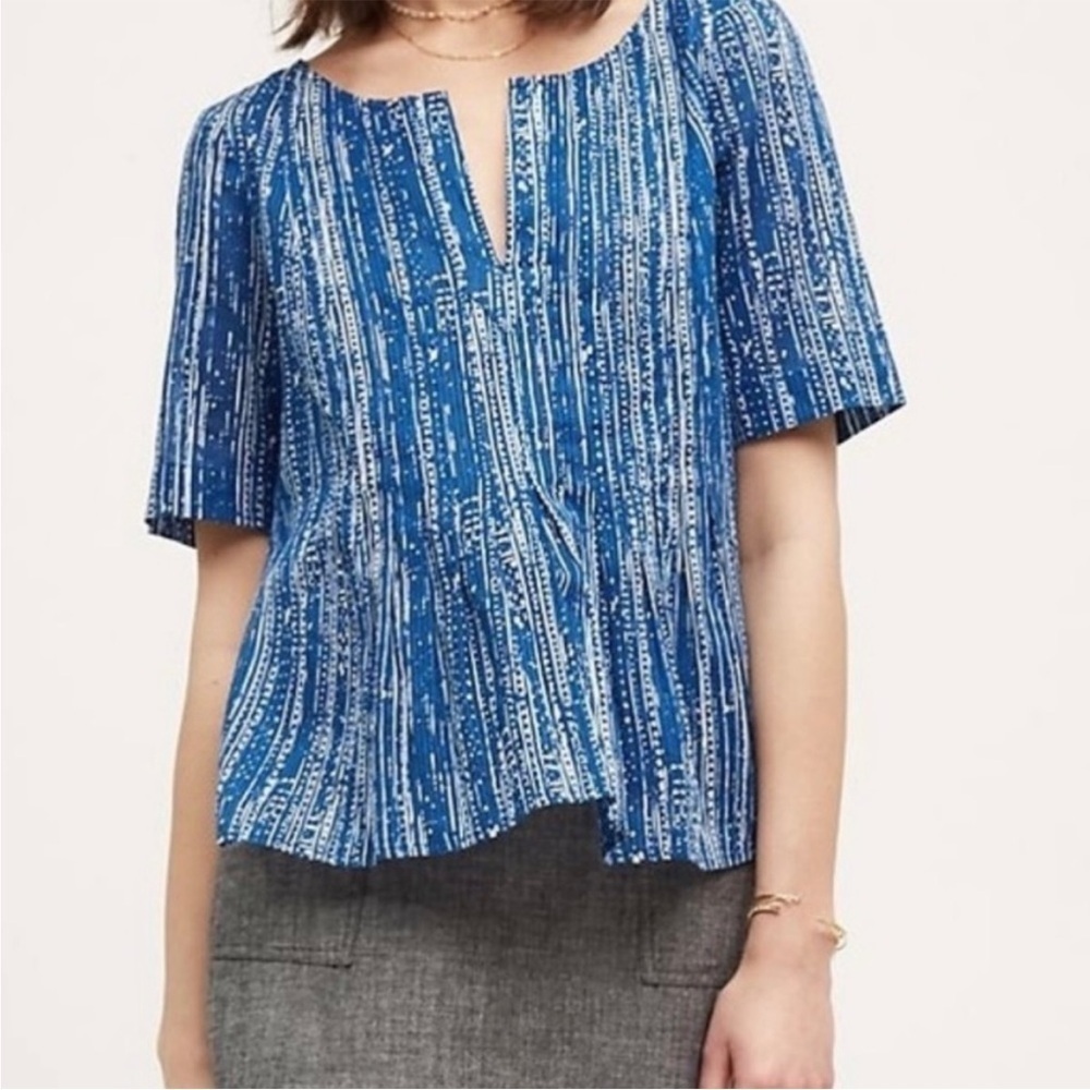 Anthropologie Maeve Blue Short Sleeve Blouse Top Cotton Coastal Casual 0